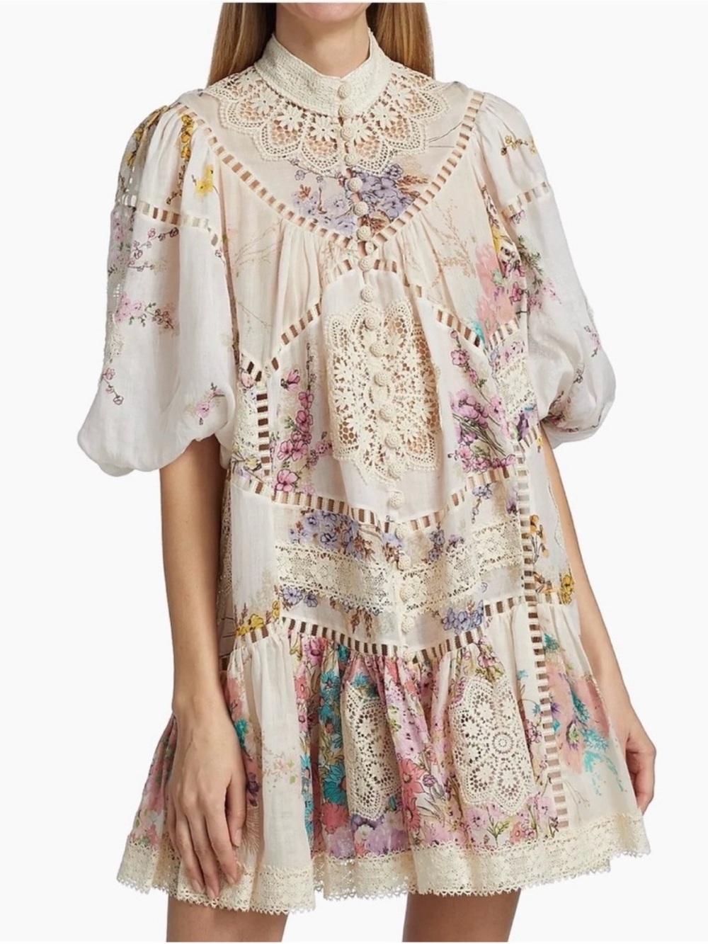 Zimmermann Jude Lace Cream Floral Crochet Lace Mini Dress